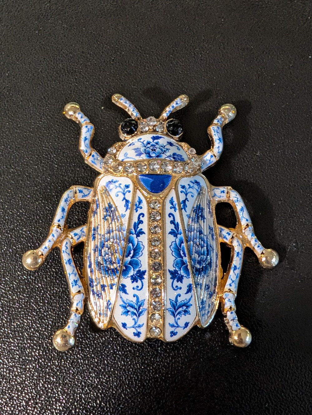 Blue and White Floral Beetle Brooch - Decorative Enamel Accent